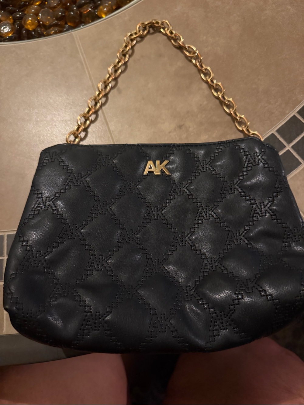 Anne Klein Black Quilted Shoulder Bag with Gold Chain